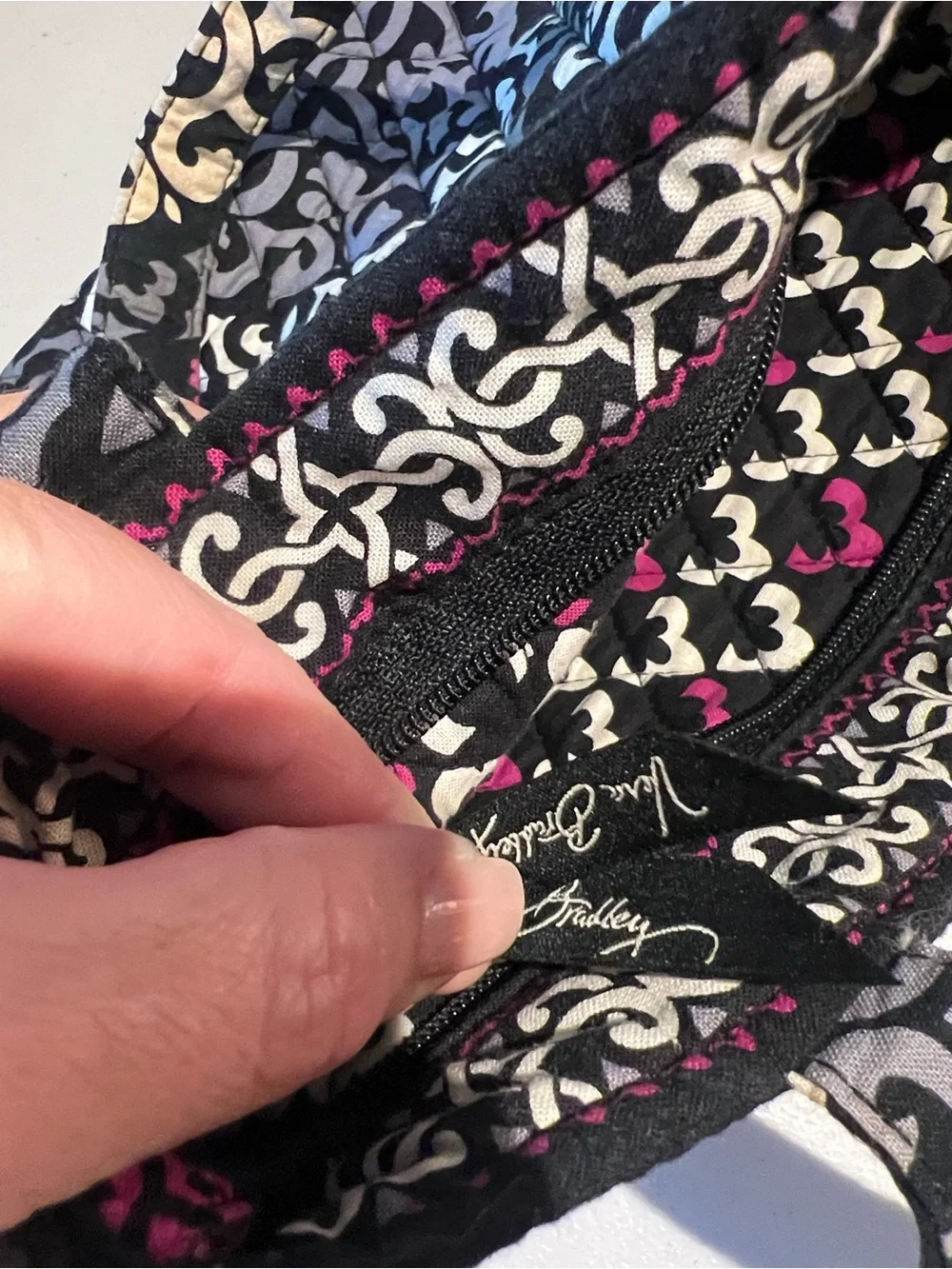 Vera Bradley Black Quilted Tote with Magenta and White Medallions